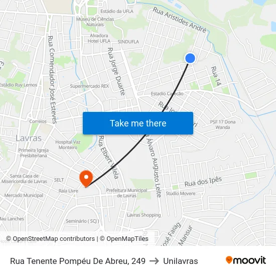 Rua Tenente Pompéu De Abreu, 249 to Unilavras map