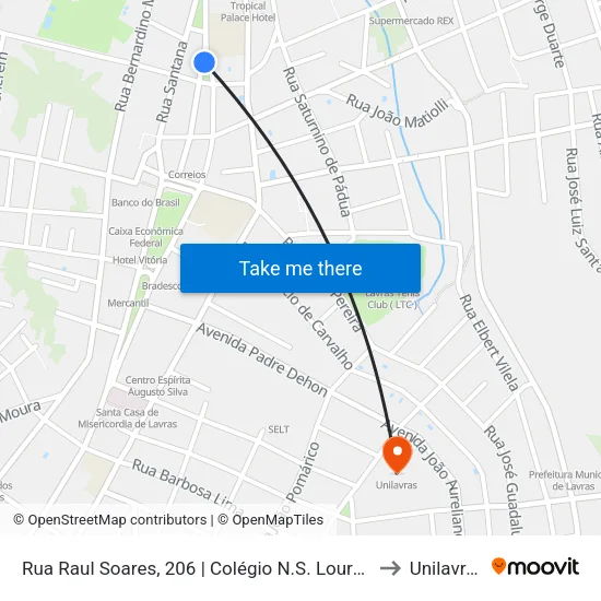 Rua Raul Soares, 206 | Colégio N.S. Lourdes to Unilavras map