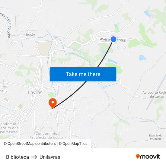 Biblioteca to Unilavras map