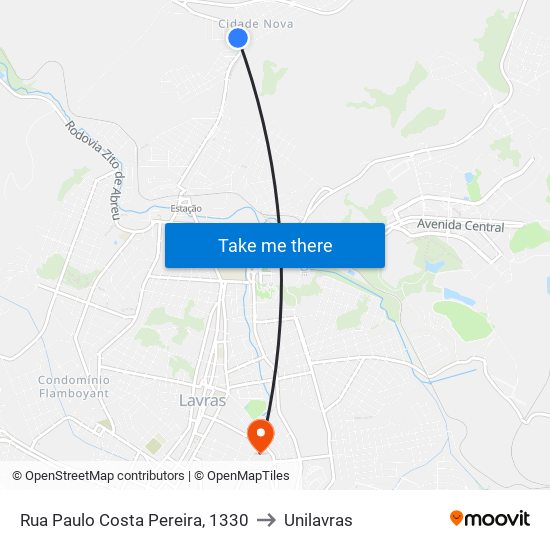 Rua Paulo Costa Pereira, 1330 to Unilavras map