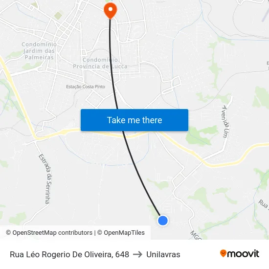 Rua Léo Rogerio De Oliveira, 648 to Unilavras map