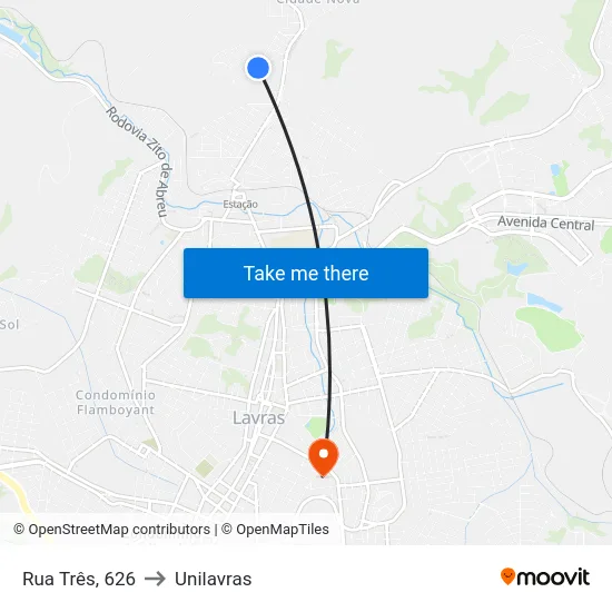 Rua Três, 626 to Unilavras map