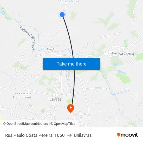 Rua Paulo Costa Pereira, 1050 to Unilavras map