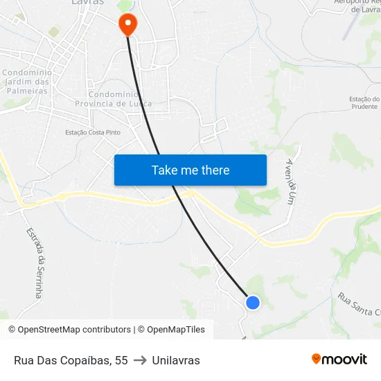 Rua Das Copaíbas, 55 to Unilavras map