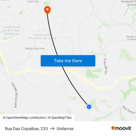 Rua Das Copaíbas, 233 to Unilavras map