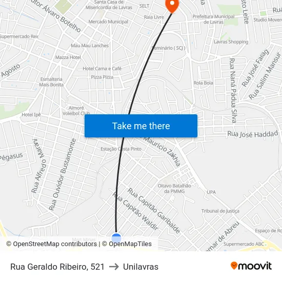 Rua Geraldo Ribeiro, 521 to Unilavras map