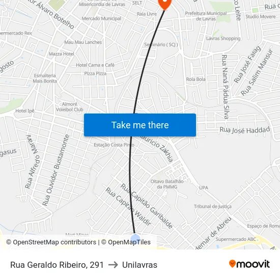 Rua Geraldo Ribeiro, 291 to Unilavras map