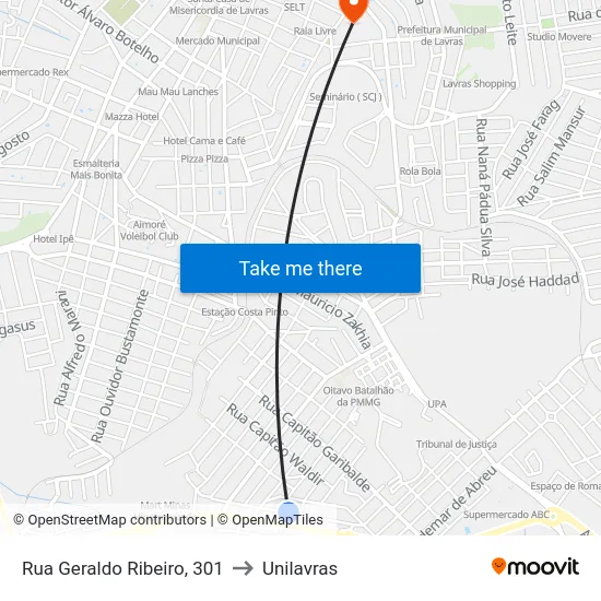 Rua Geraldo Ribeiro, 301 to Unilavras map