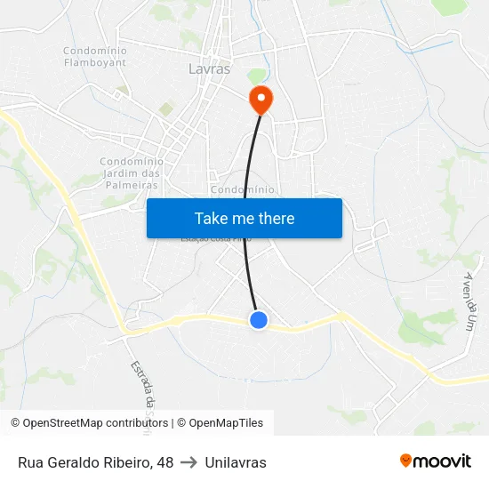 Rua Geraldo Ribeiro, 48 to Unilavras map