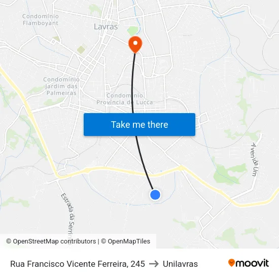 Rua Francisco Vicente Ferreira, 245 to Unilavras map