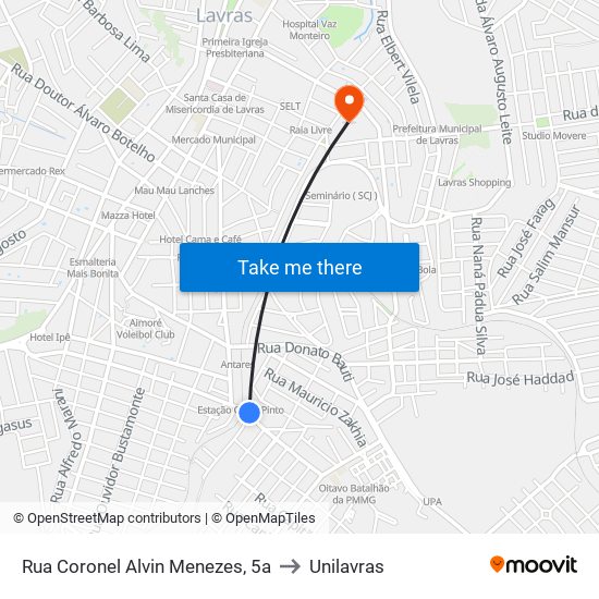 Rua Coronel Alvin Menezes, 5a to Unilavras map