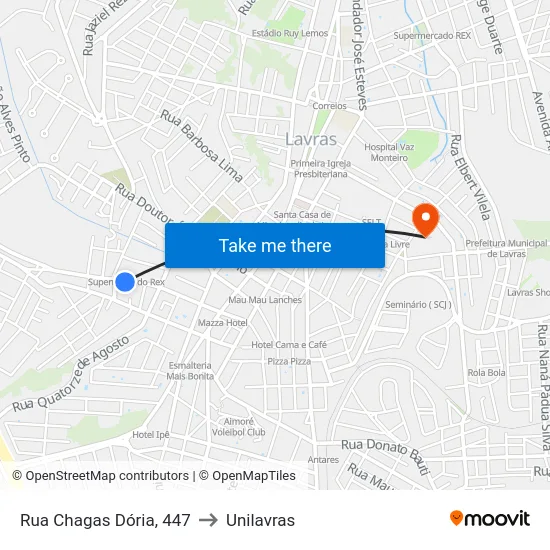 Rua Chagas Dória, 447 to Unilavras map