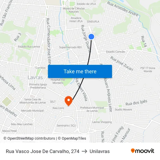Rua Vasco Jose De Carvalho, 274 to Unilavras map