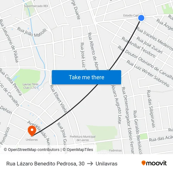 Rua Lázaro Benedito Pedrosa, 30 to Unilavras map