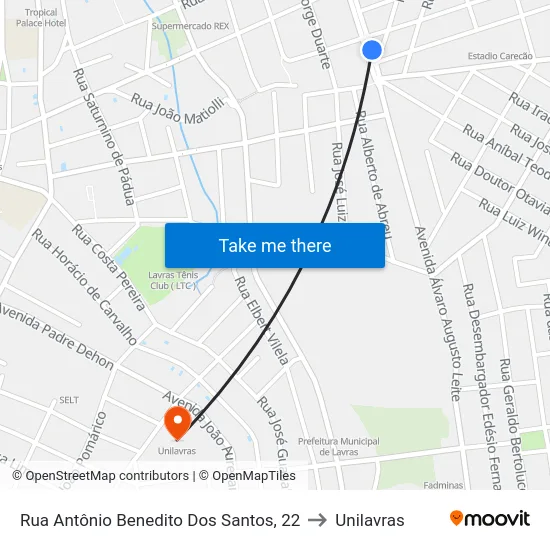 Rua Antônio Benedito Dos Santos, 22 to Unilavras map