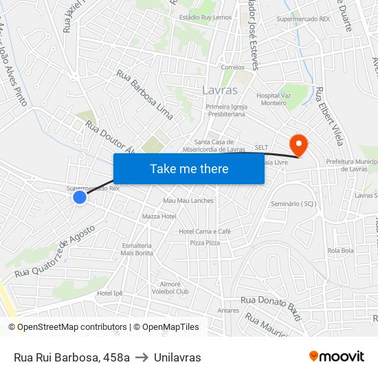 Rua Rui Barbosa, 458a to Unilavras map