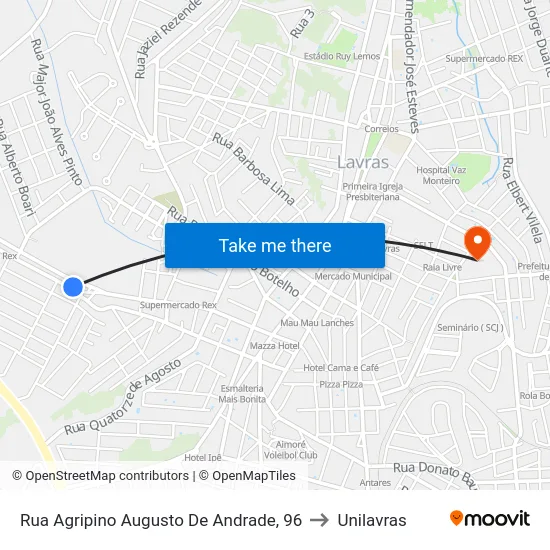 Rua Agripino Augusto De Andrade, 96 to Unilavras map