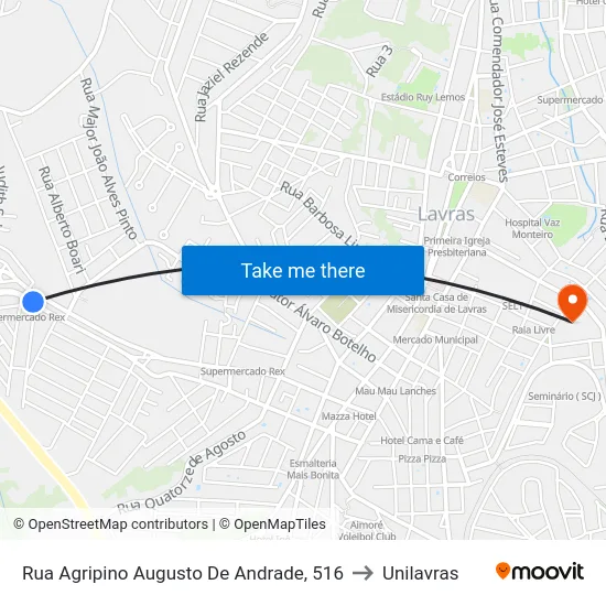 Rua Agripino Augusto De Andrade, 516 to Unilavras map