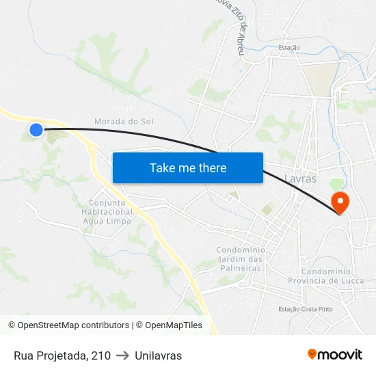 Rua Projetada, 210 to Unilavras map