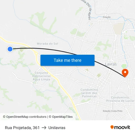 Rua Projetada, 361 to Unilavras map