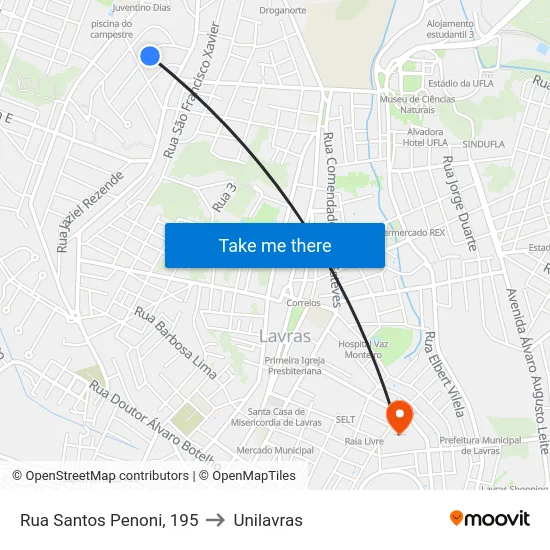 Rua Santos Penoni, 195 to Unilavras map