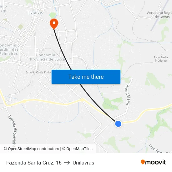 Fazenda Santa Cruz, 16 to Unilavras map