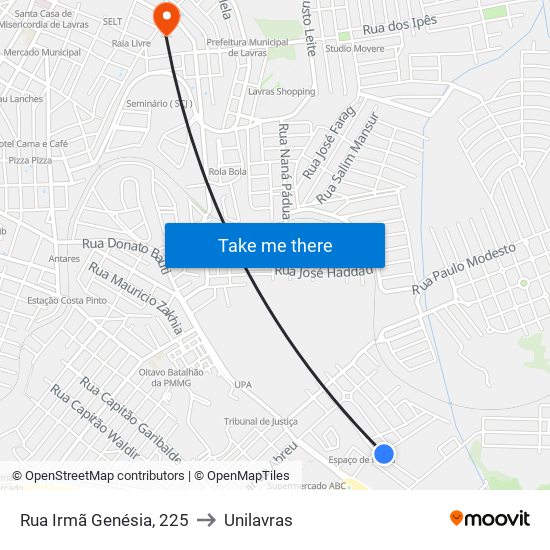Rua Irmã Genésia, 225 to Unilavras map