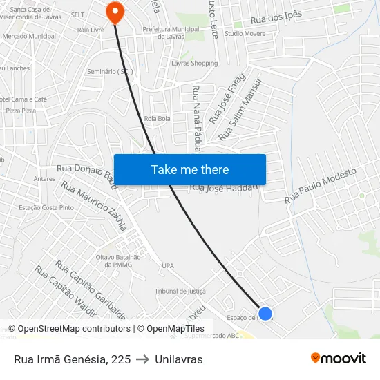 Rua Irmã Genésia, 225 to Unilavras map