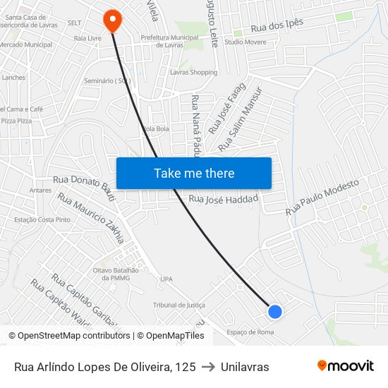 Rua Arlíndo Lopes De Oliveira, 125 to Unilavras map