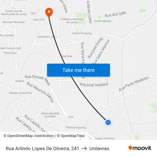Rua Arlíndo Lopes De Oliveira, 241 to Unilavras map