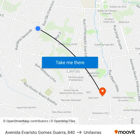 Avenida Evaristo Gomes Guerra, 840 to Unilavras map