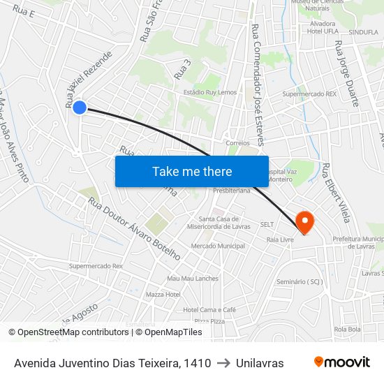 Avenida Juventino Dias Teixeira, 1410 to Unilavras map