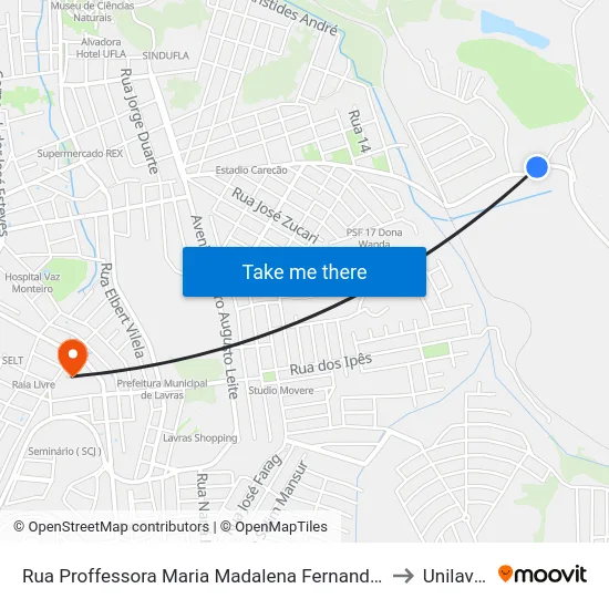 Rua Proffessora Maria Madalena Fernandes, 1151 to Unilavras map