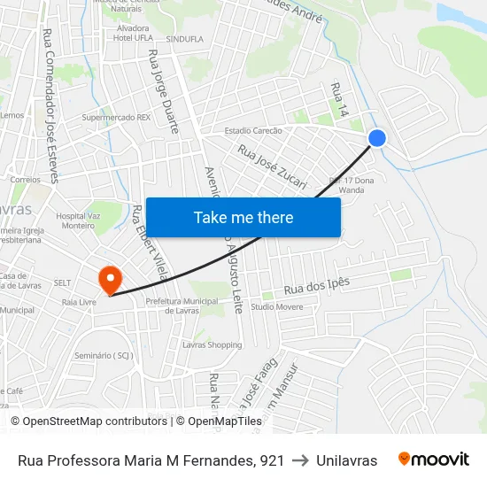 Rua Professora Maria M Fernandes, 921 to Unilavras map