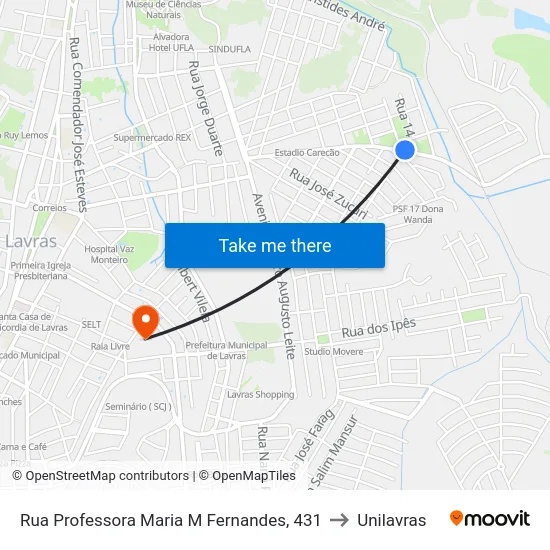 Rua Professora Maria M Fernandes, 431 to Unilavras map