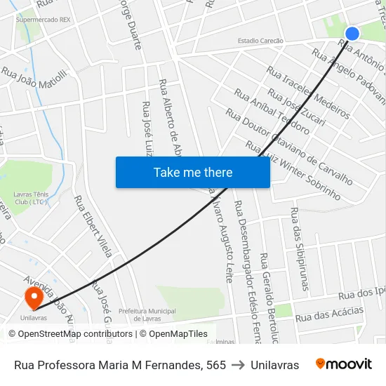 Rua Professora Maria M Fernandes, 565 to Unilavras map