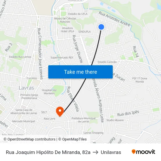 Rua Joaquim Hipólito De Miranda, 82a to Unilavras map
