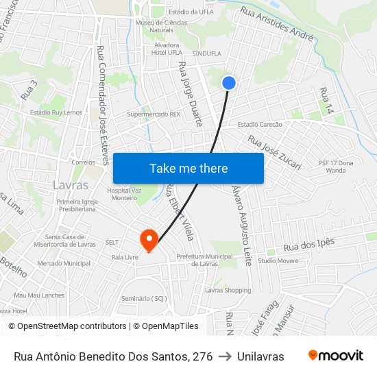 Rua Antônio Benedito Dos Santos, 276 to Unilavras map