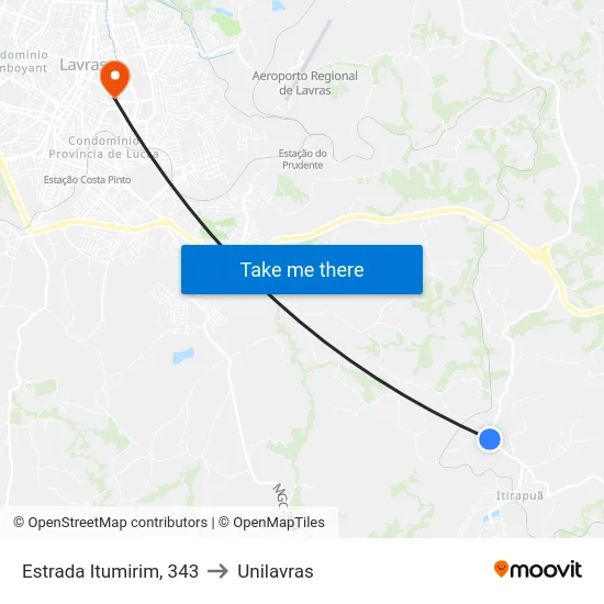 Estrada Itumirim, 343 to Unilavras map