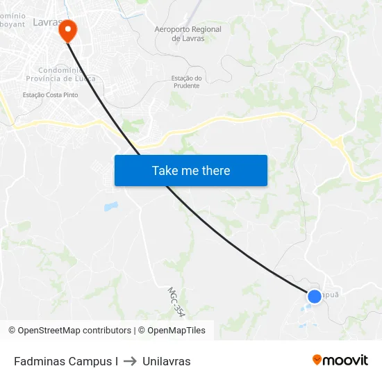 Fadminas Campus I to Unilavras map