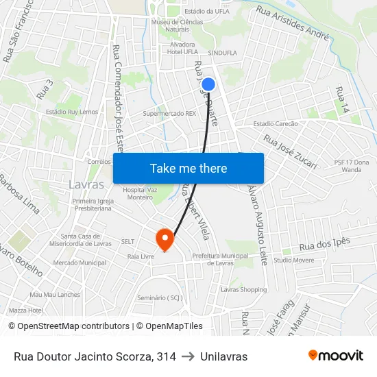Rua Doutor Jacinto Scorza, 314 to Unilavras map
