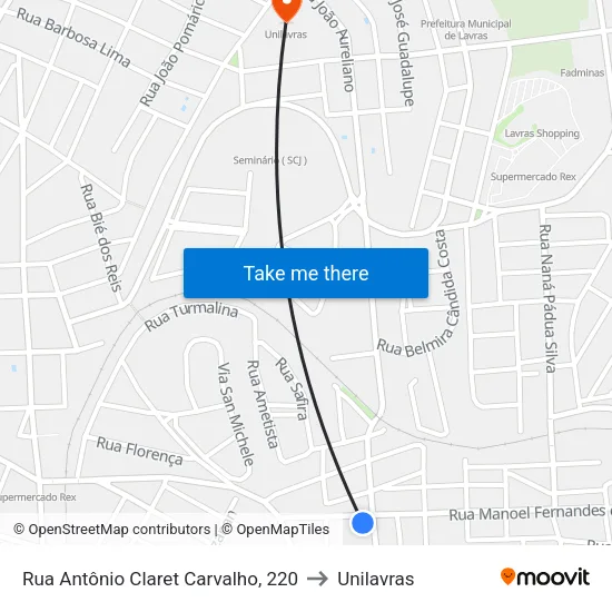 Rua Antônio Claret Carvalho, 220 to Unilavras map