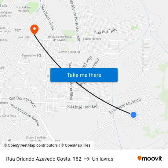 Rua Orlando Azevedo Costa, 182 to Unilavras map