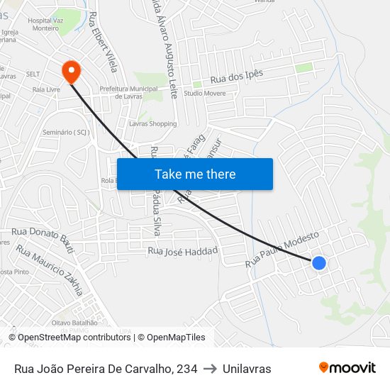 Rua João Pereira De Carvalho, 234 to Unilavras map