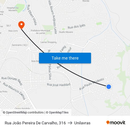 Rua João Pereira De Carvalho, 316 to Unilavras map