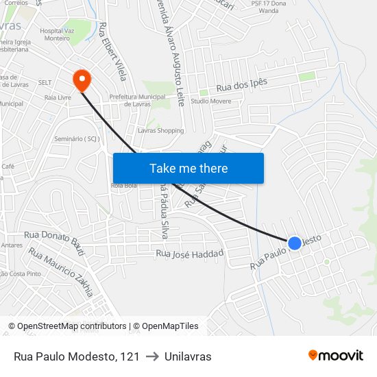 Rua Paulo Modesto, 121 to Unilavras map