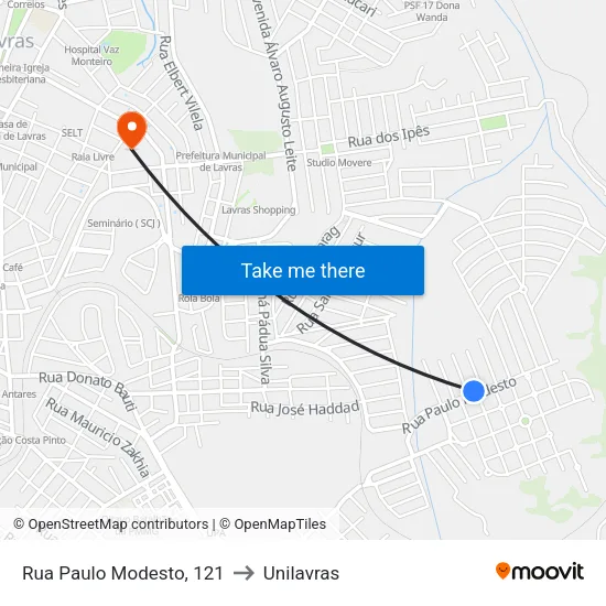 Rua Paulo Modesto, 121 to Unilavras map