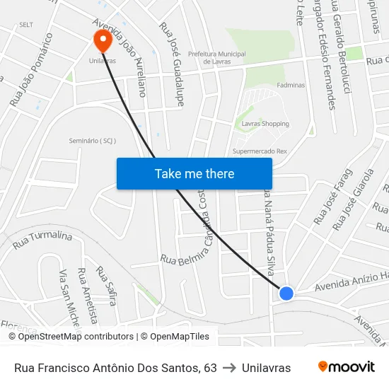 Rua Francisco Antônio Dos Santos, 63 to Unilavras map