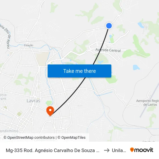 Mg-335 Rod. Agnésio Carvalho De Souza Km 86,0 Norte to Unilavras map