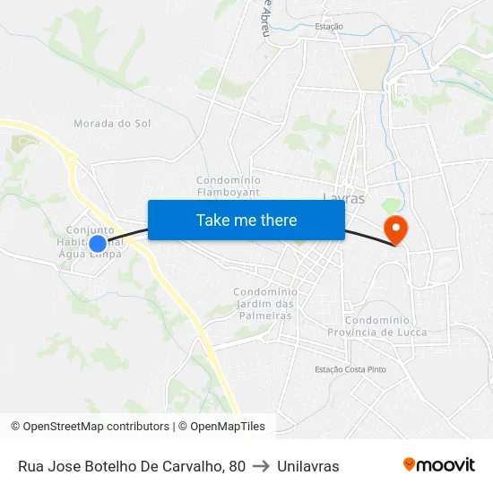 Rua Jose Botelho De Carvalho, 80 to Unilavras map